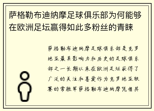 萨格勒布迪纳摩足球俱乐部为何能够在欧洲足坛赢得如此多粉丝的青睐